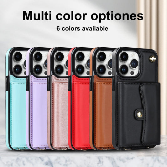 Crossbody Lanyard Card Holder iPhone Case – Lambskin Wallet Cover with Bracket | iPhone 7–15