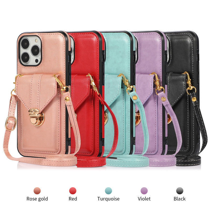Faux Leather Crossbody Lanyard iPhone Case – Card Slot Diagonal Strap | iPhone 6–13