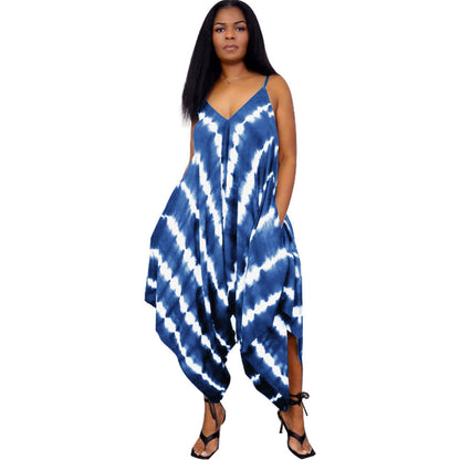 European And American Positioning Printing Fashion Loose Sleeveless Split Jumpsuit