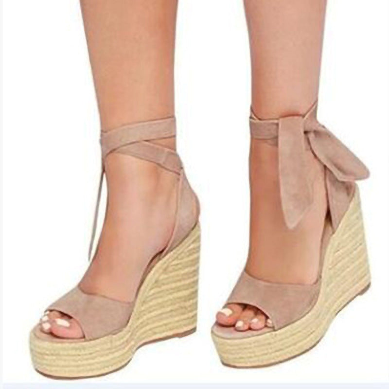 Sandalias de cuña de tacón para mujer de talla grande con cordones de comercio exterior