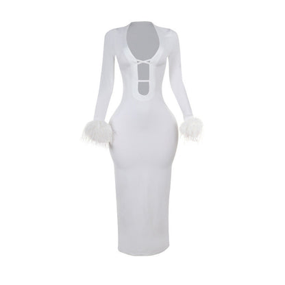 New sexy White Autumn U bust line Hollow Feather sleeves Long Dress for women
