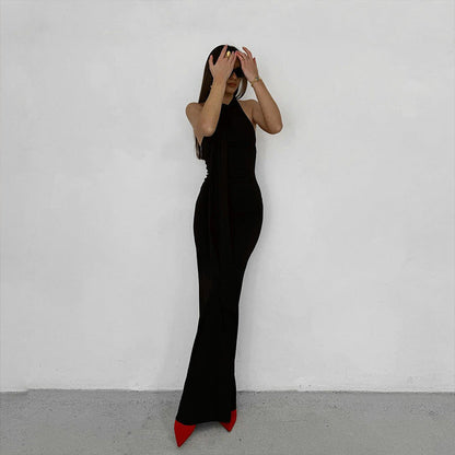 Vestido Halter Ins Hot Girl a la Espalda con Decoración Floral Tridimensional y Temperamento