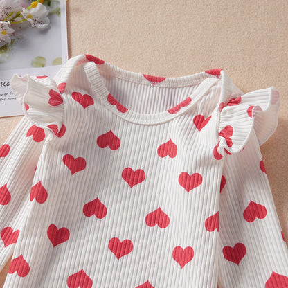 Ensemble deux pièces Saint-Valentin pour bébé : haut blanc imprimé amour et pantalon évasé