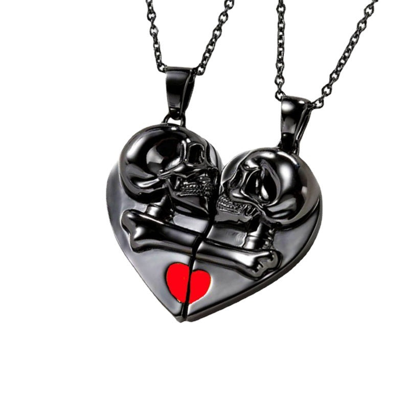 Pendentif Crâne Rétro Punk Collier d'Halloween Crâne d'Amour Magnétique en Forme de Cœur Collier de Couple