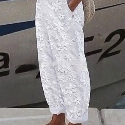 Women's Elegant Embroidery Cotton And Linen Casual Pants