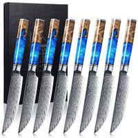 SENKEN Damascus Steak Knife Set - Tsunami Collection - 67-Layer Japanese VG10 Steel - Razor Sharp Non-Serrated Blades Blue Resin & Natural Wood Pattern Handles Luxury Gift Box (8 Steak Knife Set)