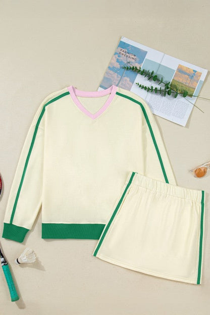 Colorblock Ribbed V-Neck & Skort Athleisure Set