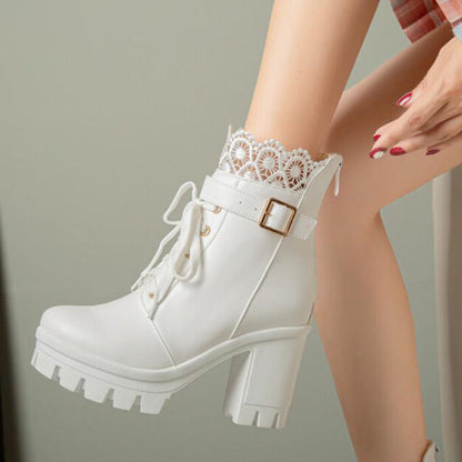 Bottes cheville lacées à talons carrés pour femmes, couleur blanc et noir