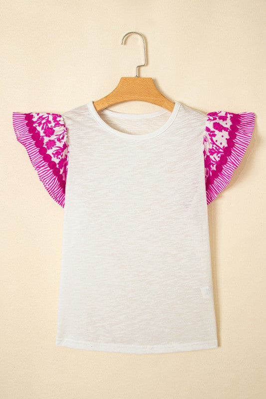 Floral Patchwork Flutter Sleeve Ricrac Trim Blouse