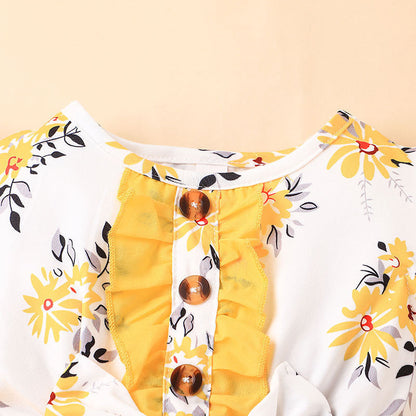 Baby Girl Printed Mesh Dress Sweet And Cute Flying Sleeves