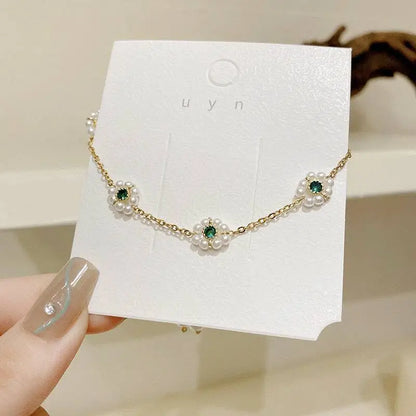 Emerald Pearl Flowers Bracelet Adjustable Chain