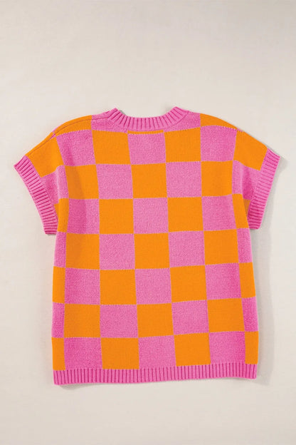 Checkered Round Neck Short Sleeve Sweater