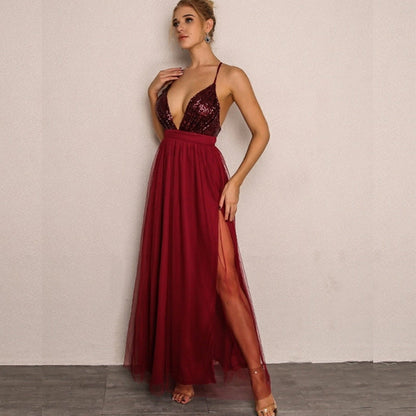 Joyfunear Cross Back Plunge Sequin Top Tulle Dress