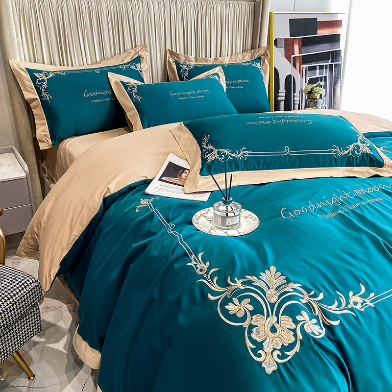 Juego de ropa de cama de cuatro piezas de algodón puro y seda lavada bordada