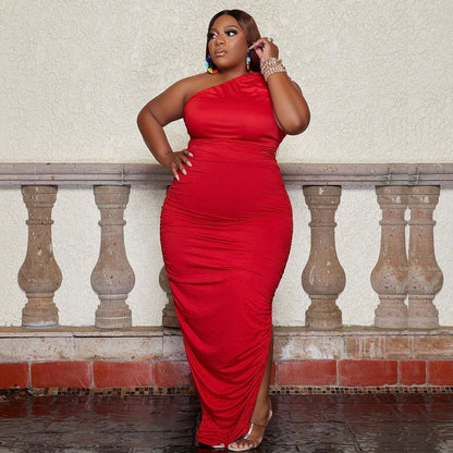 Plus Size Women's One Shoulder Irregular Pleated Dress