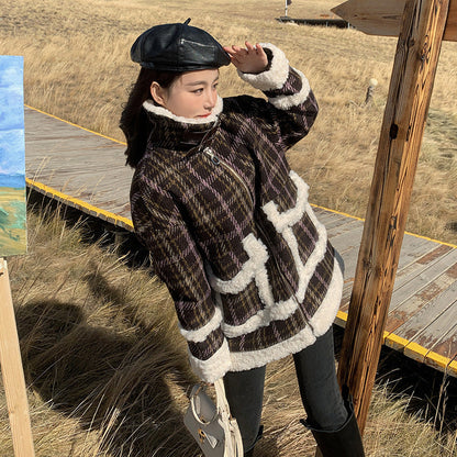 Composite Wheat Ears Thickened Plaid Fur Coat Women