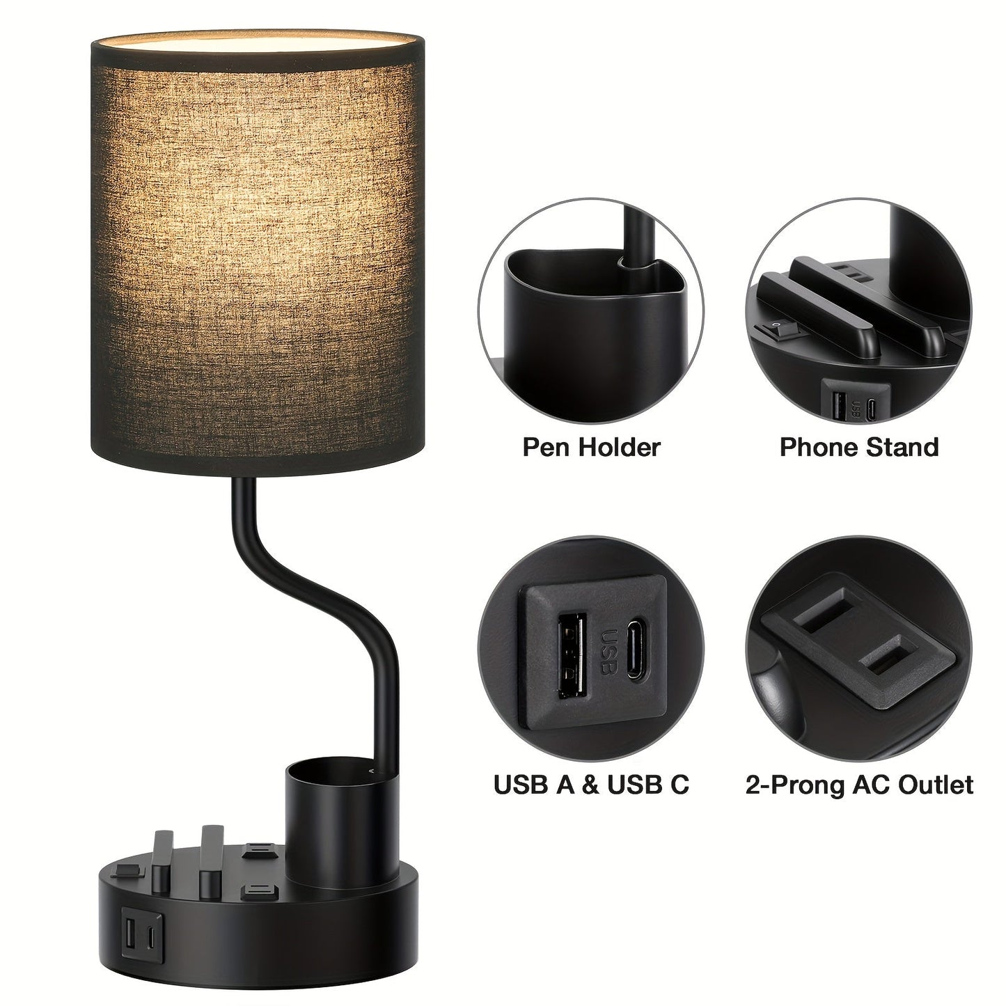 Set of 2 Bedside Lamps – USB-C+USB-A & Outlet, 3-Color Modern Nightstand Lights