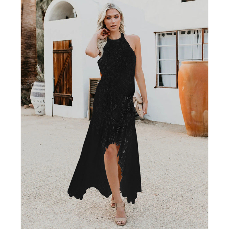 Elegante vestido calado de encaje sólido con espalda descubierta