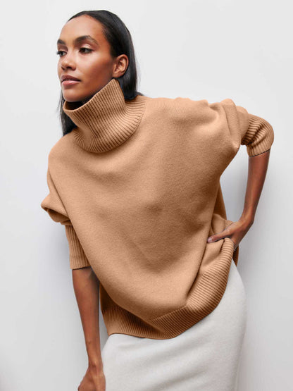 Pull en maille oversize rose vif à col roulé | Pull de fête fuchsia à col montant pour femme