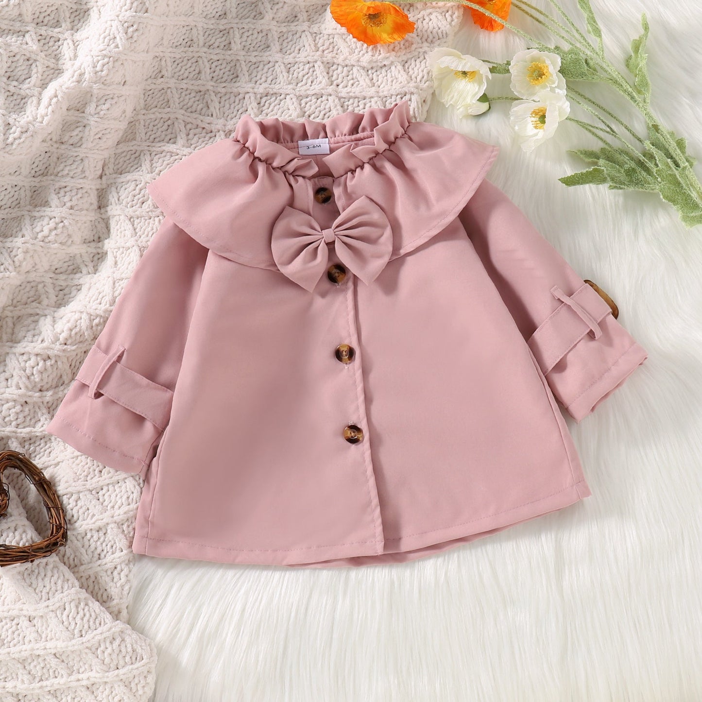 Trench-coat à manches longues et col feuille de lotus pour filles