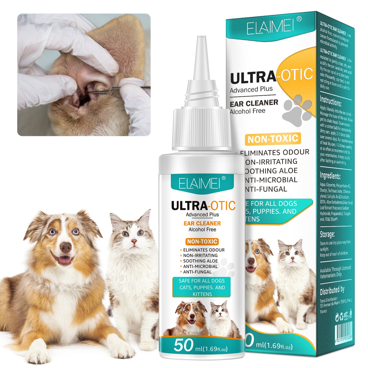 Nettoyant auriculaire pour animaux de compagnie – Solution de nettoyage douce pour chiens et chats | Élimine le cérumen, les acariens et prévient les infections