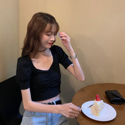 T-shirt court tricoté à manches bouffantes pour femmes, été