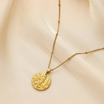 Stainless Steel Round Twelve Constellation Coin Relief Necklace