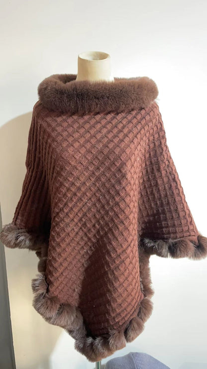 New Luxury Rabbit Fur Collar Shawl Cape for women Elegant Autumn Winter Fashion