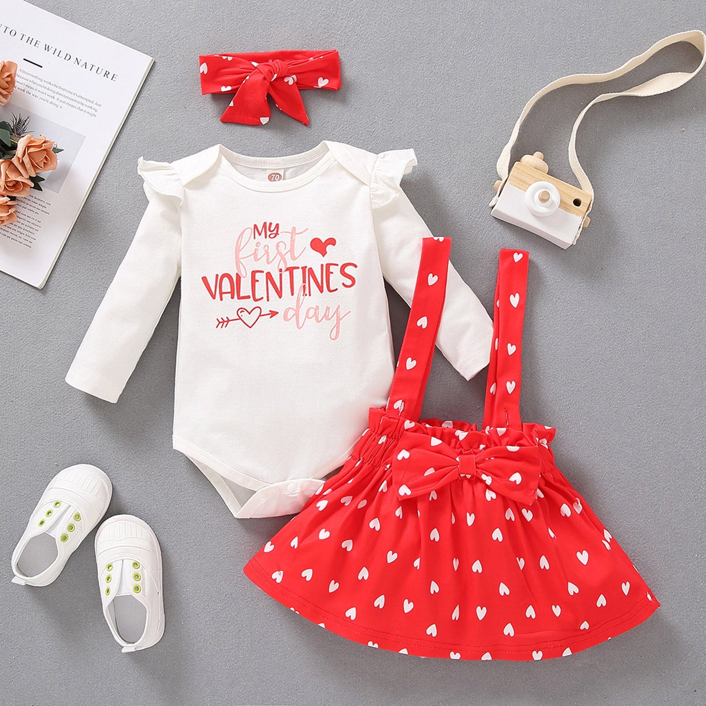 Children's Peach Heart Letter Printed Long-sleeved Three-piece Suit
