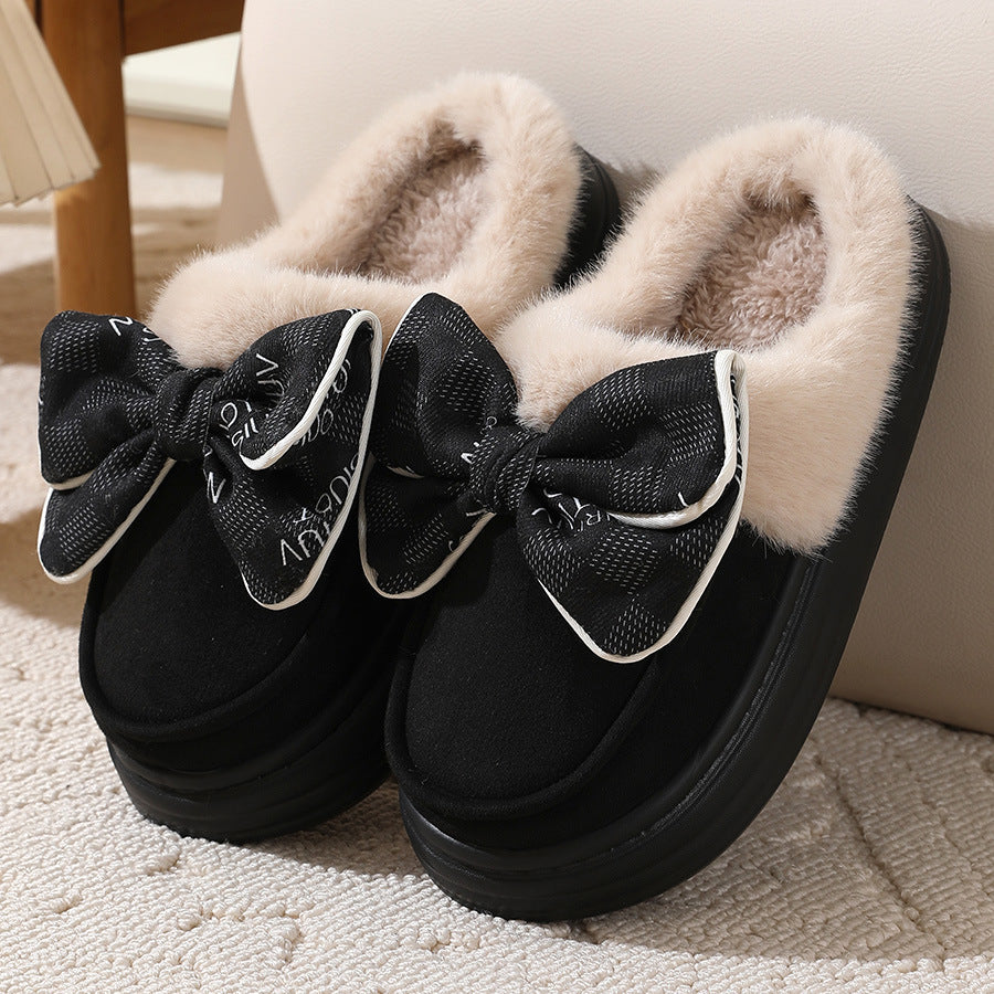 Lindas zapatillas de felpa con nudo de lazo para invierno, cálidas, para interiores, dormitorio, para mujer, a la moda, de suela gruesa, para casa