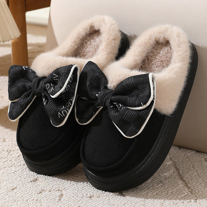 Lindas zapatillas de felpa con nudo de lazo para invierno, cálidas, para interiores, dormitorio, para mujer, a la moda, de suela gruesa, para casa