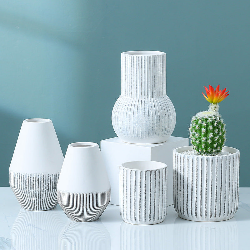 Ceramic Vase White Simple Striped Handicraft Decoration Home Living Room Desktop