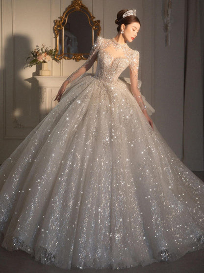 Long Sleeved Retro Bride Luxurious French Wedding Dress For Women