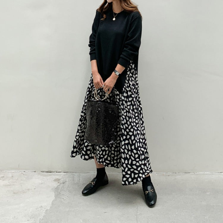 Robe longue grande taille à manches longues avec imprimé patchwork et grand ourlet.
