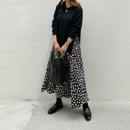 Robe longue grande taille à manches longues avec imprimé patchwork et grand ourlet.