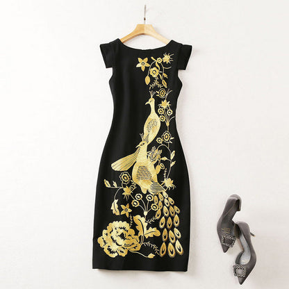 Gold Thread Embroidery Flower Phoenix Back Slit Dress