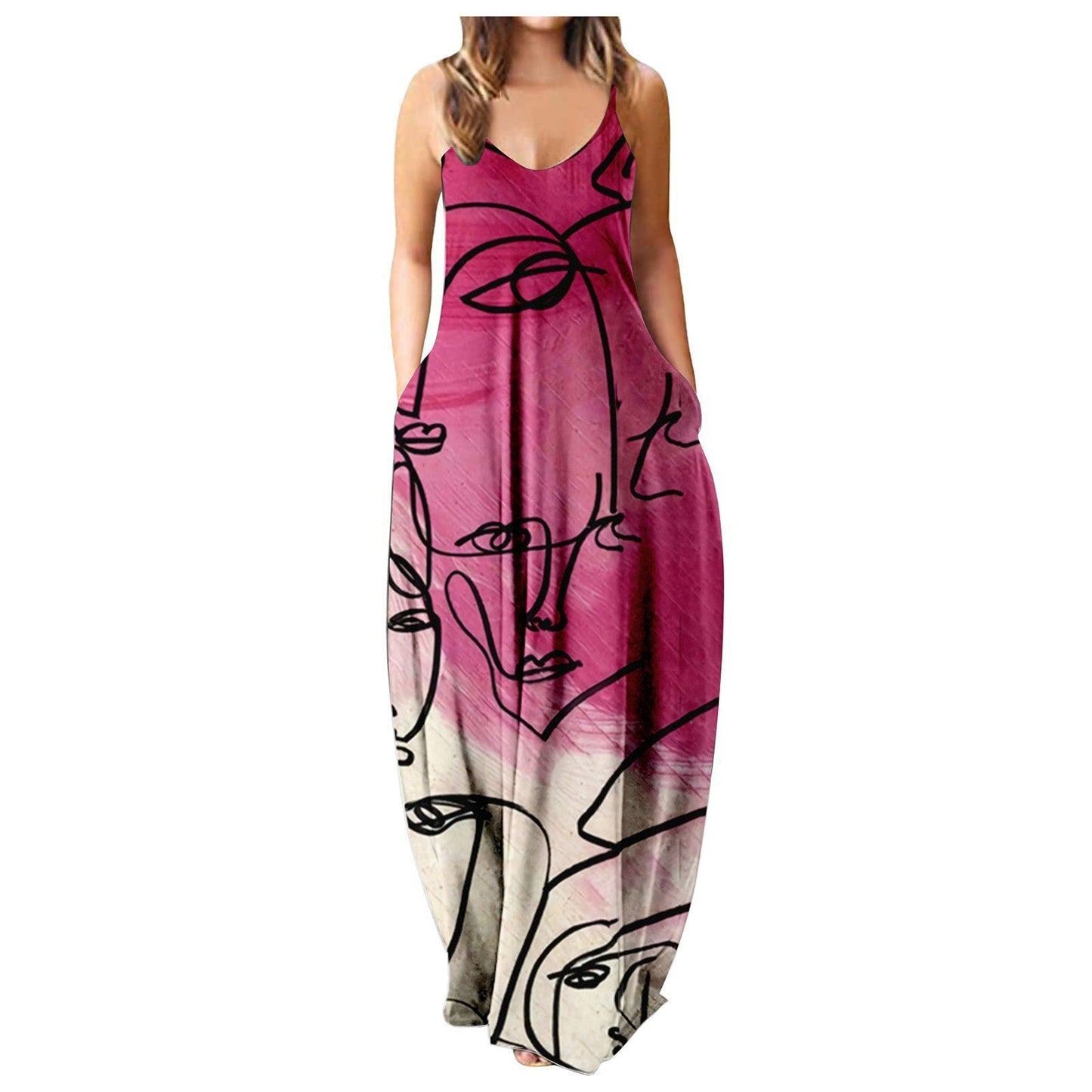 Vestido con tirantes frescos de verano, estampado digital estilo cara abstracta, elegante vestido de calle