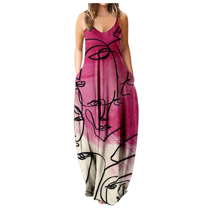 Vestido con tirantes frescos de verano, estampado digital estilo cara abstracta, elegante vestido de calle
