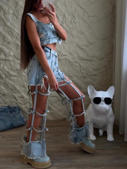 Trendy Light Blue Denim Strappy Crop Top And Ripped Shorts Set