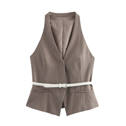 European And American Style Women's Fashion Temperament With Belt Vest Double Belt Pants