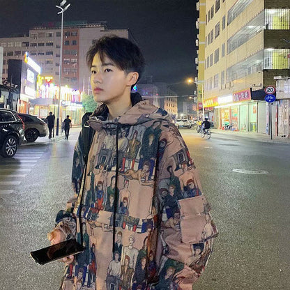 Hooded Jacket Men Graffiti Print Trend Pullover Top Plus Size Jacket Men