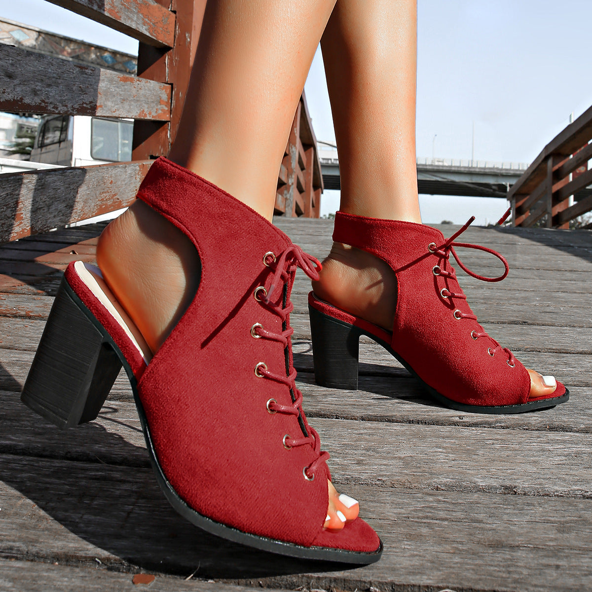 Sandales à talon épais avec lacets, style estival, bout ouvert pour femme