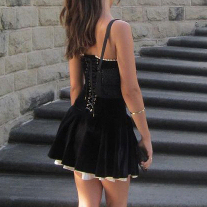 Robe courte sans manches en dentelle plissée sexy pour femme européenne et américaine
