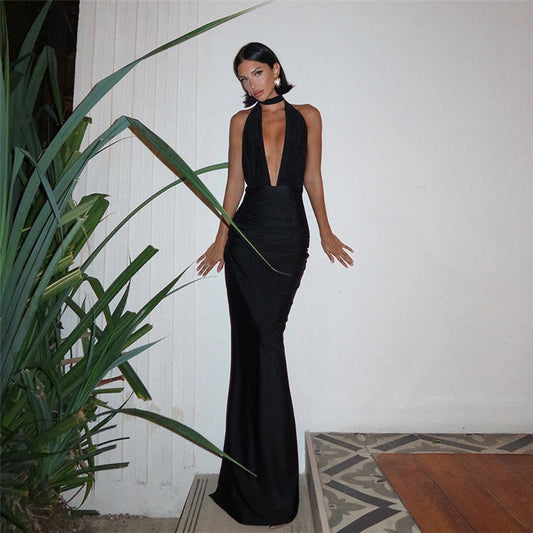Vestido de verano con escote en V, sexy, sin mangas, con cuello halter y abertura.