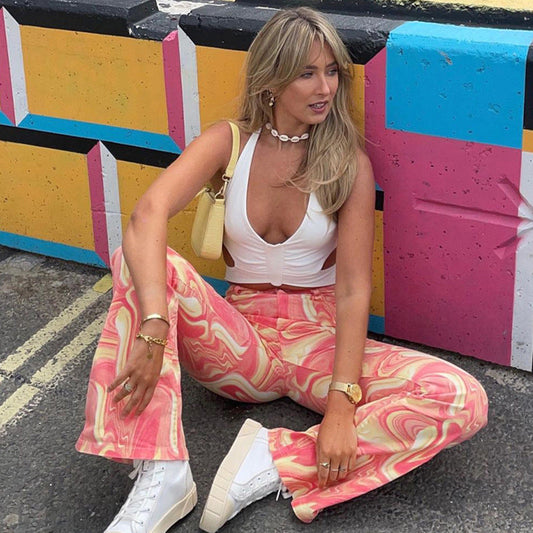 Pantalones acampanados casuales sueltos con estampado de moda para mujer