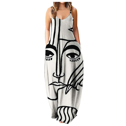 Vestido con tirantes frescos de verano, estampado digital estilo cara abstracta, elegante vestido de calle