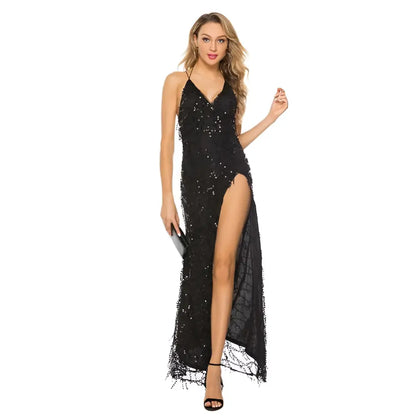 Gold V Neck Halter Strap Sequin Dress with Slit