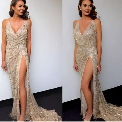 Gold V Neck Halter Strap Sequin Dress with Slit