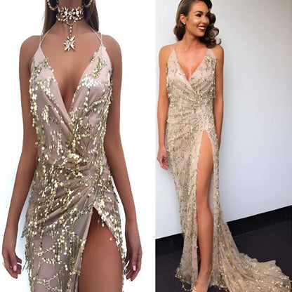 Gold V Neck Halter Strap Sequin Dress with Slit