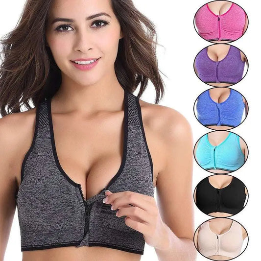 Soutien-gorge de sport texturé gris avec fermeture éclair avant